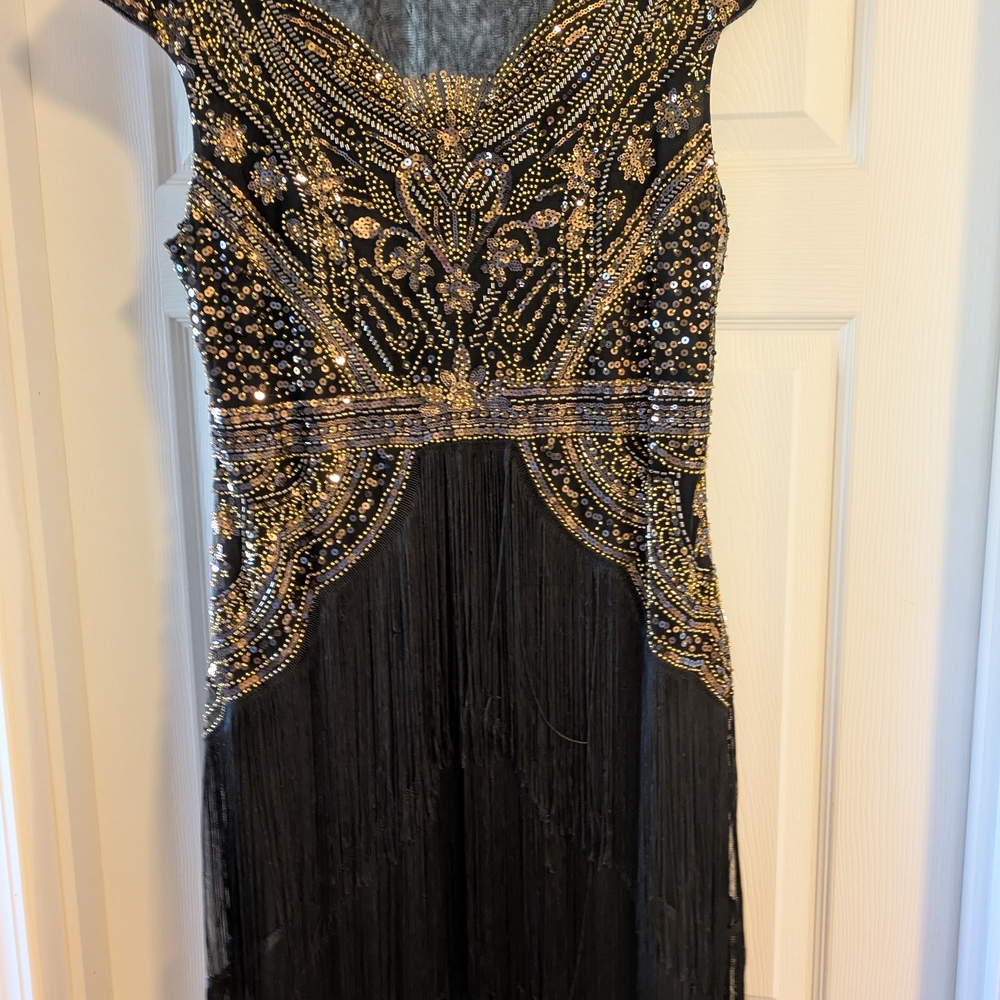 1920's Style Black and Gold Beaded Great Gatsby Dress XL